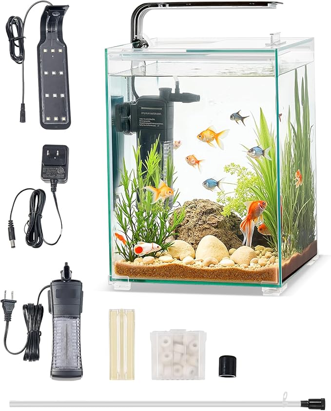 VEVOR Fish Tank Aquarium, 5 Gallon Square Ultra-Clear Glass Starter Smart Tank Adjustable 3 Color Lighting, Self Cleaning System Fishbowl for Freshwater & Saltwater Fish Home, Office, or Pet Use