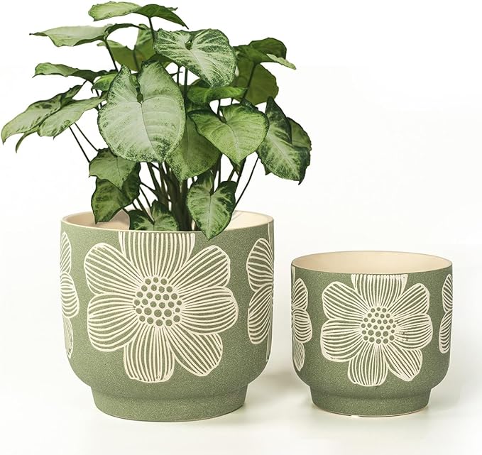 YBX 8 Inch + 6 Inch White Flower Pattern Plant Pots, Sand Glazed Ceramic Planter with Drainage Hole, Flower Pots for Indoor Plants, Green