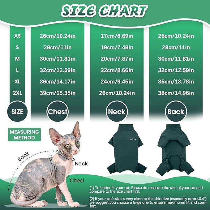 ROZKITCH Cat Coats for Cats Only, Breathable Soft Pet Jumpers for Hairless Cats Only, Coat with Four Legs, Warm Sweater T-Shirt Pajamas Jumpsuit Vest Cornish Rex Devon Rex Peterbald DarkGreen XS