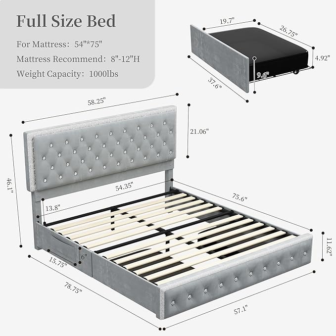 Full Led Bed Frame with 2 Drawers, Upholstered Platform Storage Bed Frames Full Size with Crystal Button Tufted Headboard Footboard, Solid Slats, Noise Free, No Box Spring Needed, Velvet Grey