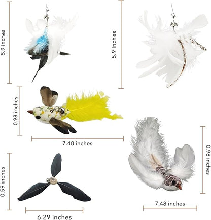 Variety Play Set, 5 Pack Refills for Wand and Fishing Poles, Spring Wires, Door/Wall Hang Ropes. 2 Bird, 2 Feather & Windmill Cat Toys - Bells & Easy Clip-On