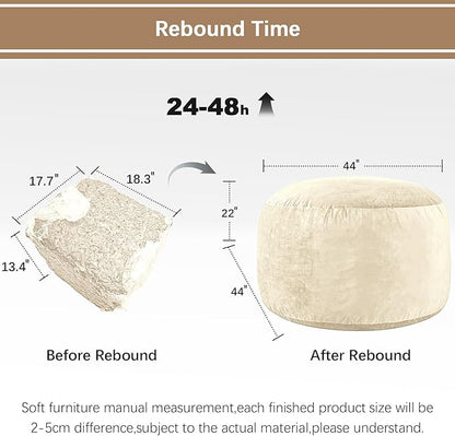 Bean Bag Chairs for Adults - Memory Foam Furniture BeanBag Chair - Kids/Teens Sofa with Soft Micro Fiber Cover - Round Fluffy Couch for Living Room Bedroom College Dorm - 4 ft, Ivory