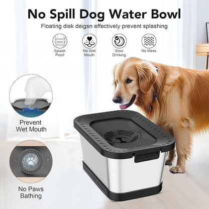Decflow 7L Stainless Steel Dog Water Bowl, No Spill Anti-Splash Dog Bowls with Anti-Skid Mat, Spill-Proof Slow Feeder for Messy Drinkers, Heavy Duty Pet Bowls for Indoor/Outdoor Use Black