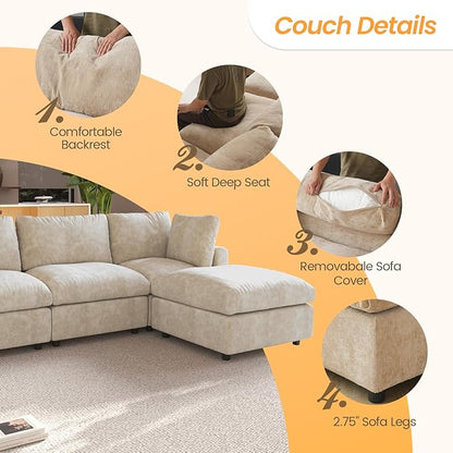 JACH L Shape Sectional Couches for Living Room, Deep Seat Convertible Modular Sofa, Cloud Sectional Couch, Sofa Covers Washable, Minimalist Modern Couch for Living Room, Apartment, Khaki