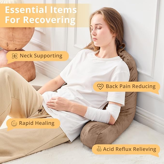 Sasttie Reading Pillow, Velvet Back Pillow for Bed Sitting Up, Adult Back-Rest Support Cushion with Arms for Sit Up on Couch, Sofa, and Floor, Dorm Essentials, Reading Accessories, Light Brown