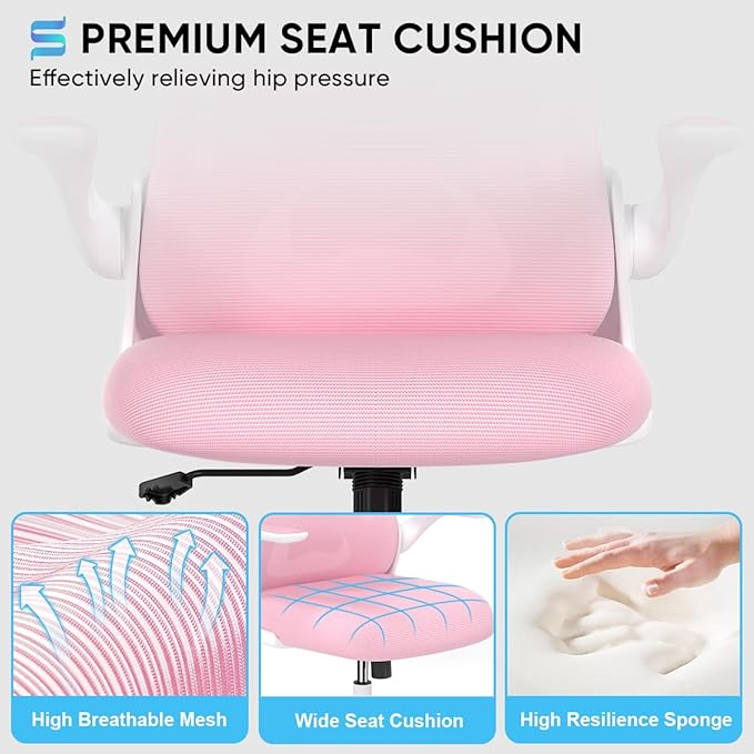 Sytas Ergonomic Desk Chair with Padded Flip up Arms and Supportive Lumbar Support, Breathable Mesh Home Office Chair with Comfortable Cushion for Home or Office(Pink)