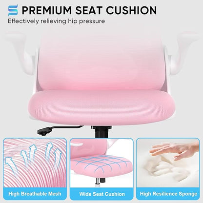Sytas Ergonomic Desk Chair with Padded Flip up Arms and Supportive Lumbar Support, Breathable Mesh Home Office Chair with Comfortable Cushion for Home or Office(Pink)