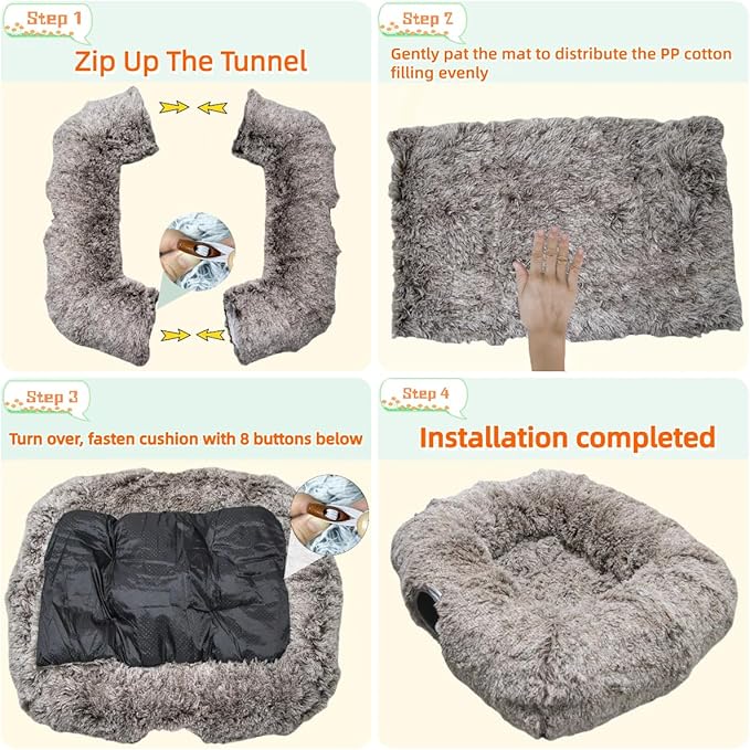 XxingSheep XL Cat Tunnel with Bed for Indoor Cats Peekaboo Cat Cave Donut Toy with Warm Mat,Yellow-Brown