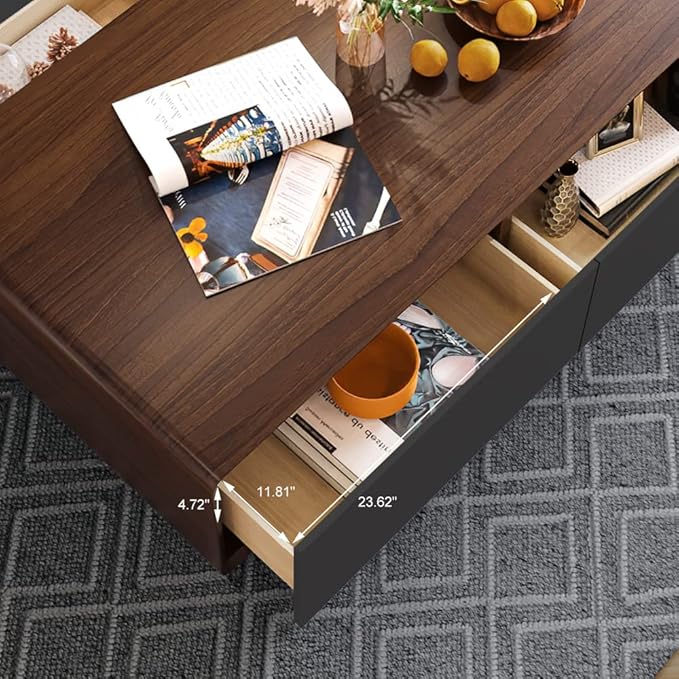 POVISON Modern Coffee Table for Living Room, 51 inch Square Coffee Table with Storage, 4-Drawers Wood Table, Full-Assembled, Walnut and Black