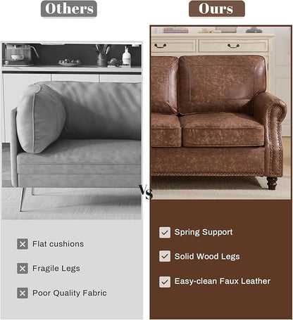 WILLOVE 79'' Faux Leather Sofas for Living Room, Mid Century Modern Couches with Rolled Arm & Nailhead Trim for Small Space, Apartment, Dark Brown