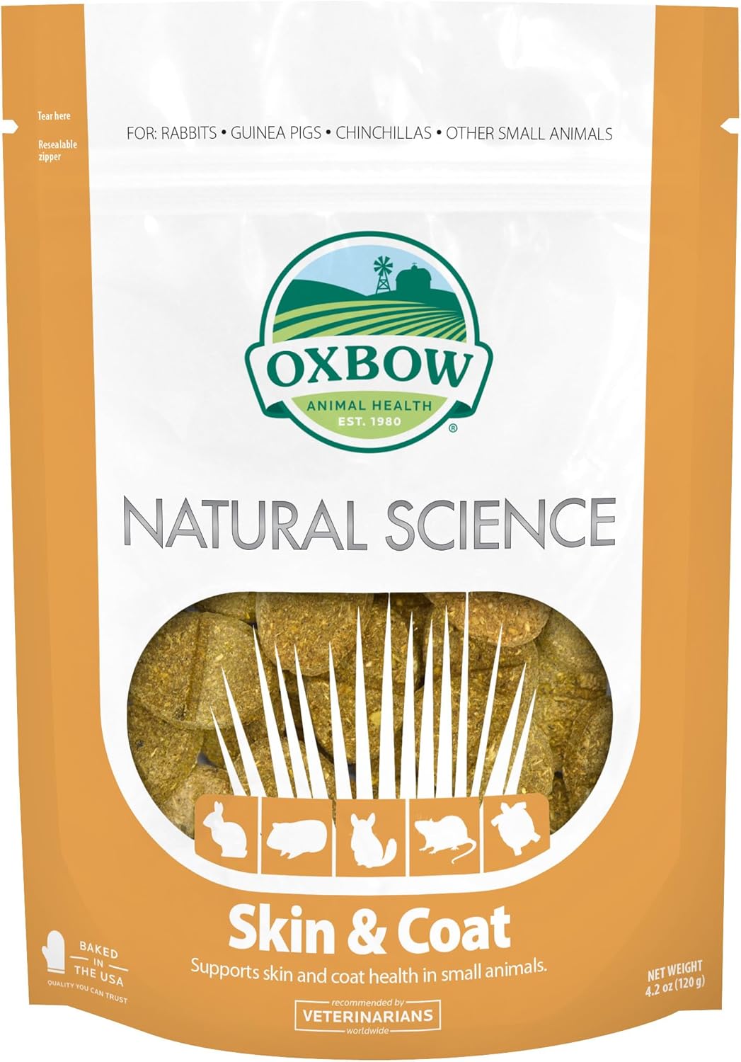 Oxbow Animal Health Natural Science Skin & Coat Support, Supplement for Rabbit & Guinea Pig, Made with Oxbow Timothy Hay, Includes Palm Oil & Omega 3 & 6 Fatty Acids, Made in USA, 4.2 oz Bag