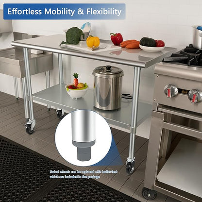 HARDURA Stainless Steel Table with Wheels 24 x 60 Inches Casters NSF Heavy Duty Commercial Work & Prep Table with Undershelf and Galvanized Legs for Restaurant Kitchen Bar and Hotel Garage