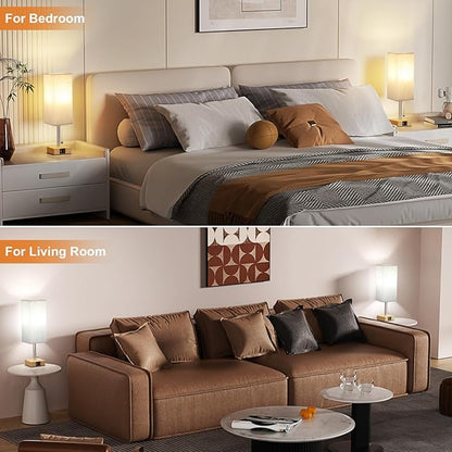 aooshine Wood Grain Bedside Table Lamps Set of 2 - Bedroom Lamps with 3 Color Temperatures (3000K/5000K/4000K), Square Nightstand Lamp with USB C + A Charging Ports