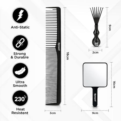Roman-T 8-in-1 360 Wave Kit for Men - Grooming Kit for 360 Waves - 3 Wave Brushes, Soft, Medium & Hard - 2 Satin Durag, Hand Mirror, Comb, Hair Brush Cleaner - Gift Set, Black