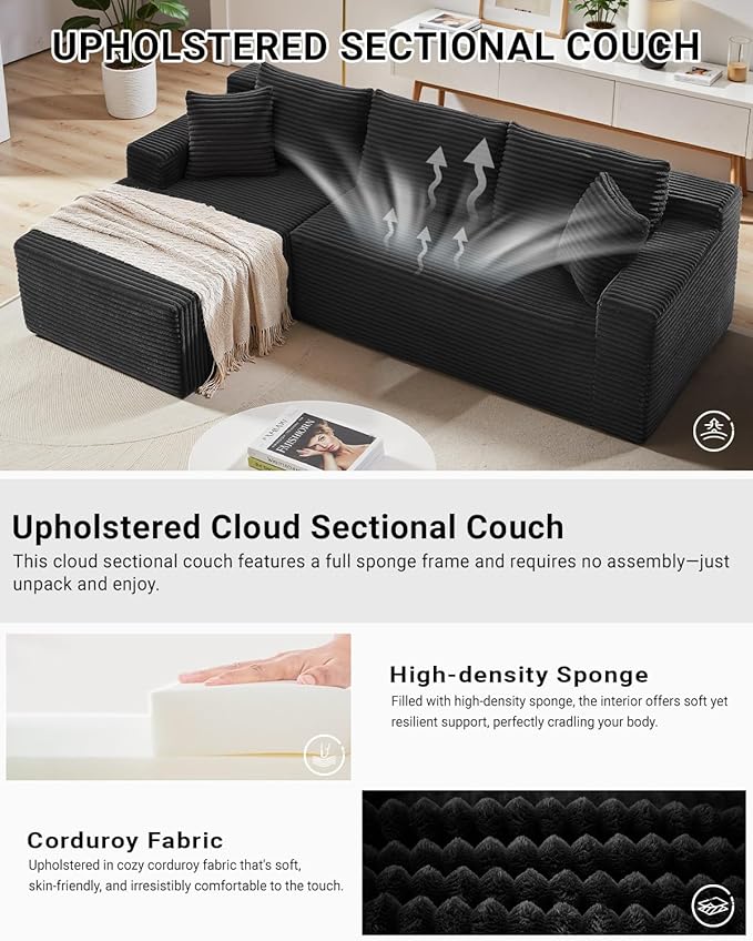 105 Inch Cloud Sectional Couch,Modern Modular Sectional Sofa with Deep Seat,Corduroy Boneless Couches with L-Shape Chaise for Living Room Bedroom,No Assembly Required (Black, Left Facing Chaise)