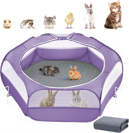 2-in-1 Small Animals Playpen with Pad, Waterproof Small Pet Cage Tent with Reusable Pad, Portable Outdoor Yard Fence with 3 Metal Rod for Chick/Kitten/Puppy/Guinea Pig/Rabbits/Chinchillas, Purple