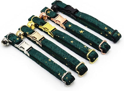 Personalized Cat Collar with Bells,Velvet Customized Small Cat Collar with Name Tag,Pet Collar with Name Phone Number Engraved ID Tags for Boy and Girl Kitten Cats (Green Star)