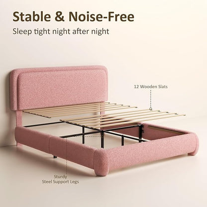 Queen Bed Frame, Teddy Velvet Boucle Bed Frame with 43.3"/45.3" Adjustable Upholstered Headboard, Rounded Corners, Mattress Foundation, No Box Spring Required, Pink