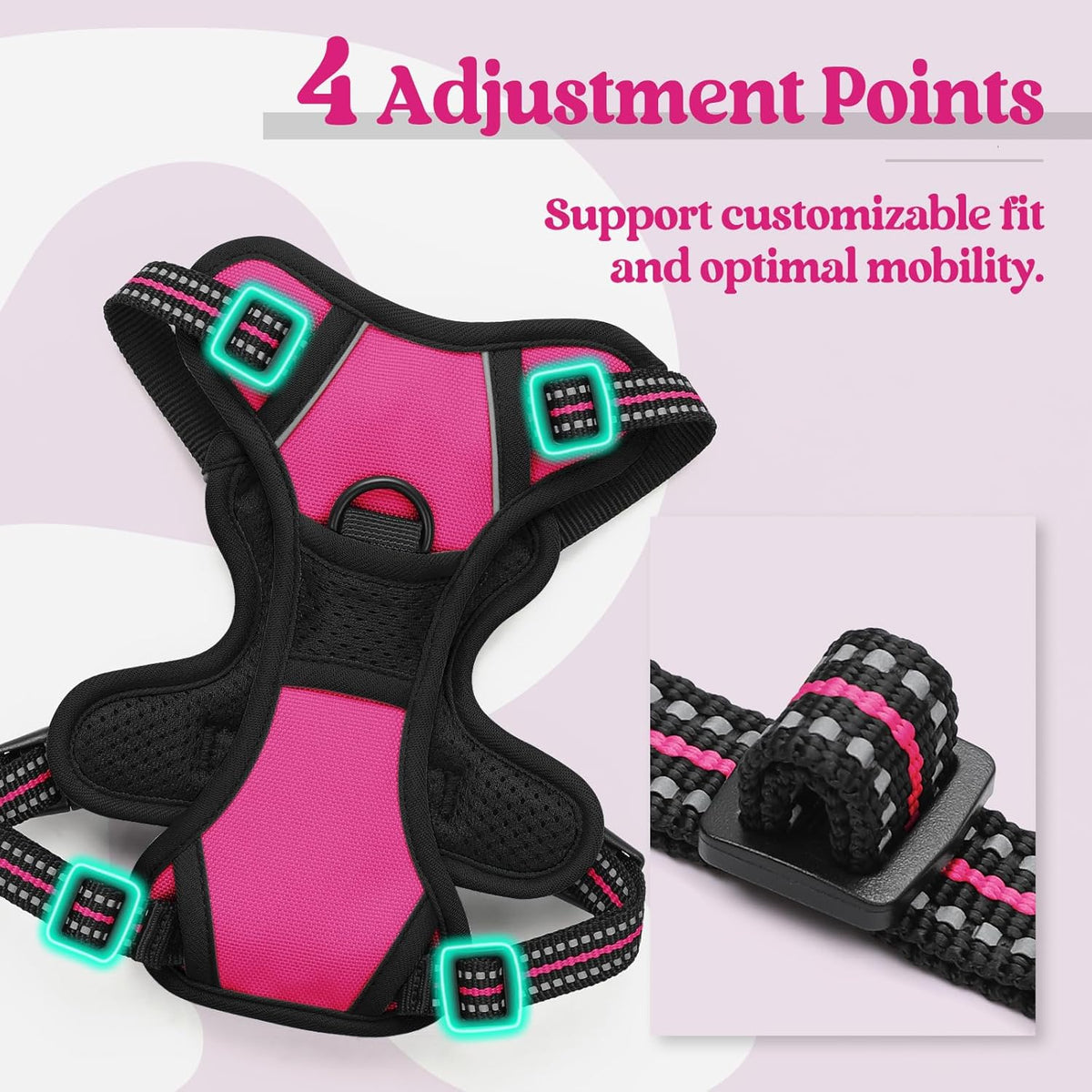 rabbitgoo Dog Harness No Pull with 2 Leash Clips, Adjustable Soft Padded, Reflective Oxford No Choke Pet Vest with Easy Control Handle for Puppy, Hot Pink, XS