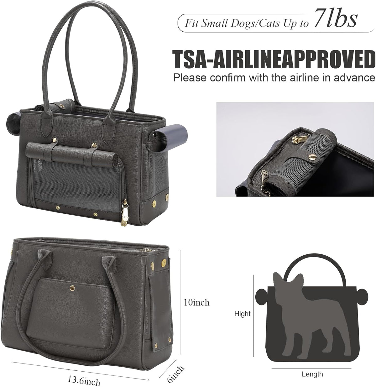 Minsong Fashion Pet Carrier Purse for Small Cat and Dog, Luxury Pu Soft-Sided Tote Bag with Large Pockets for Dogs and Puppies (Black, 13.6" L x 6" W x 10.0" H)