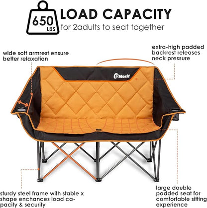 EMERIT Oversized Double Duo Camping Chair Folding Camping Loveseat 2 Person Camping Couch Heavy Duty Lawn Chairs for Outside with Padded Seats & Armrests-Support 650LBS
