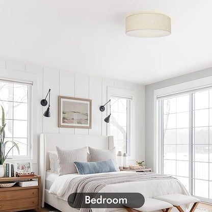 Flush Mount Ceiling Light,16''Modern Close to Ceiling Lamp with Double Linen Fabric Shade,3 Light Semi Flush Mount Ceiling Light Fixture,Farmhouse Drum Light Fixture for Bedroom Living Room
