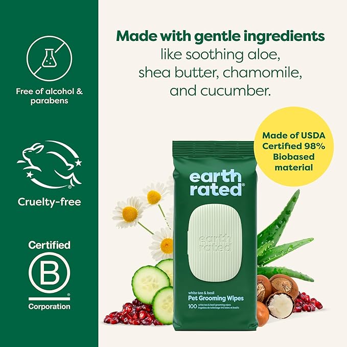 Earth Rated Pet Wipes for Dogs and Cats, Hypoallergenic, 3-in-1 Cleaning, Deodorizing and Hydrating, for Grooming Paws, Body and Butt, New White Tea and Basil Scent, 100 Count