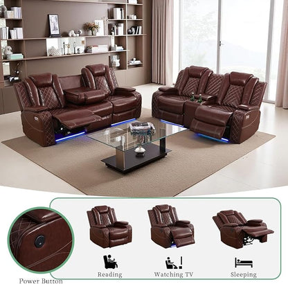 Dekmxas Modern Recliner Couch with Hidden Storage, 2-Piece Power Reclining Sofa Couch Set, Brown Breathing Leather Power Recliner Sofa and Loveseat with LED Light for Living Room/Home Theater