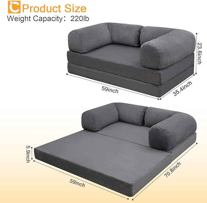 COMAX Futon Sofa Bed, 4-in-1 Floor Foldable Sofa Couch Bed Queen with L-Shaped Armrests, Convertible Folding Chair Bed Sleeper Mattress Fold Out Comfy Lounge for Living Room Bedroom, Grey