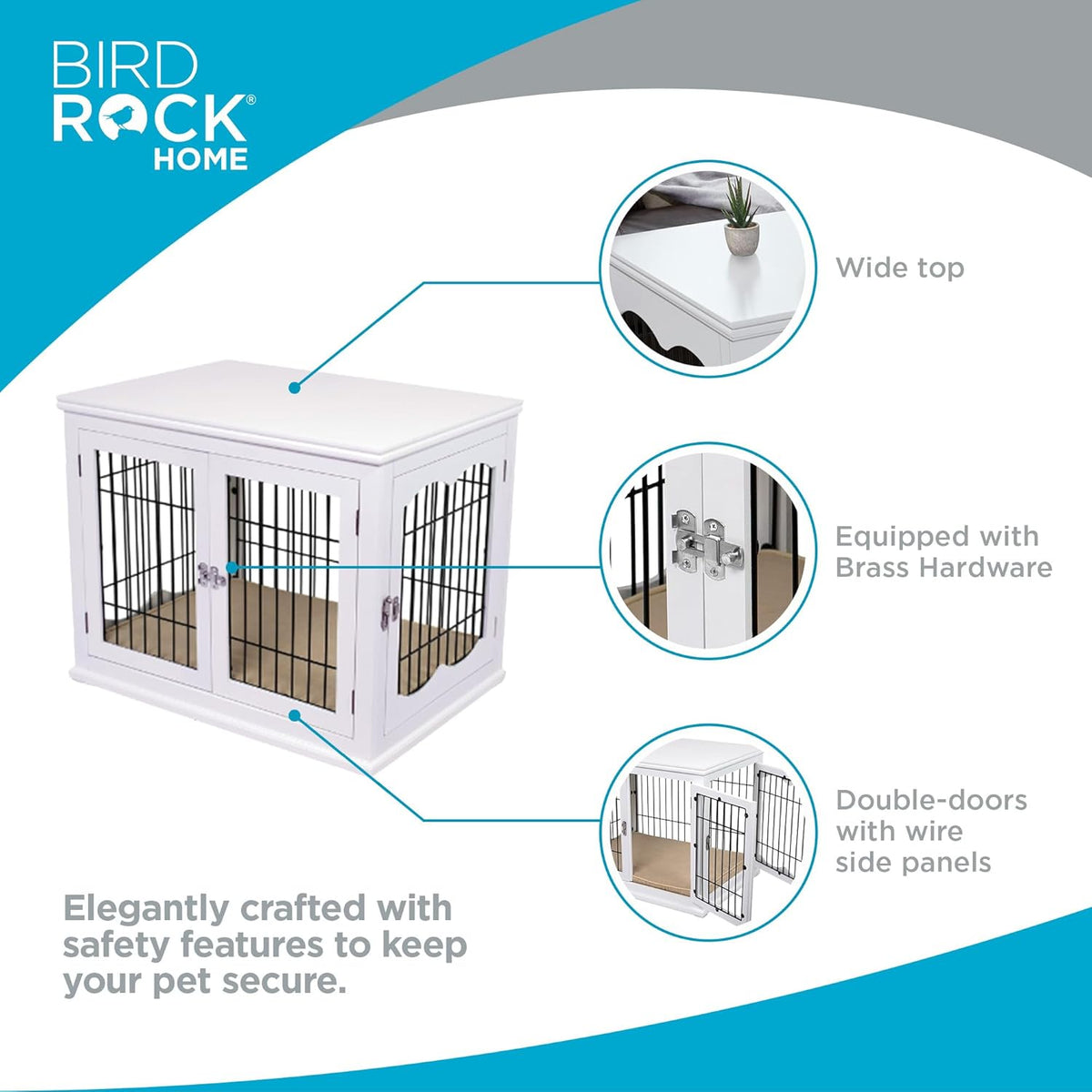 INTERNET'S BEST Decorative Dog Kennel with Pet Bed, Small Pet House, Double Door Indoor Crate, Engineered Wood & Wire Furniture, Side Table & Nightstand, Fits Small Dogs - White