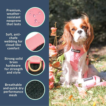Adventure Dog Harness - Stylish, and Durable Medium Dog Harness for Outdoor Adventures and Everyday Wear - Quartz Pink Neoprene Adjustable Harness for Dogs with Reflective Piping, Brass D-Ring