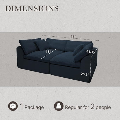Cloud Modular Sectional Sofa Couch,78” 2 Seats Loveseat Sofa with Wide Armrest, Modern High-Density Sponge Compressed Sofa Couch for Living Room, Bedroom,No Assembly Needed (Blue, 2 Seats)