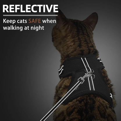 PUPTECK Cat Harness and Leash Set Escape Proof, Reflective Adjustable Soft Mesh Kitten Vest Harness for Walking Travel, Black, S