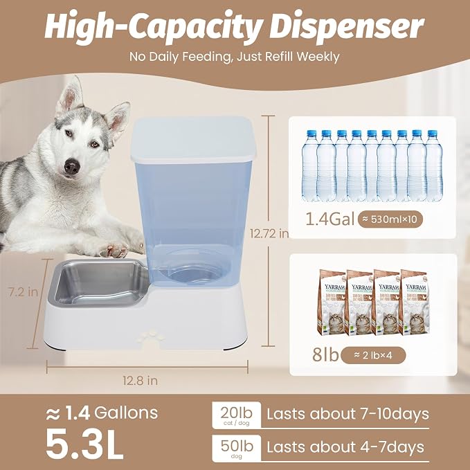 Automatic 5.4L/1.4Gal Pet Waterer, Automatic Dog Water Dispenser Gravity Stainless Steel Water Feeder, Large Capacity Feeding Bowls for Cats and Medium & Large-Sized Dogs (White, Food+Water)