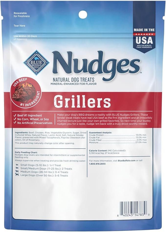 Blue Buffalo Nudges Grillers Natural Dog Treats, Made in the USA with Real Steak, 5-oz Bag