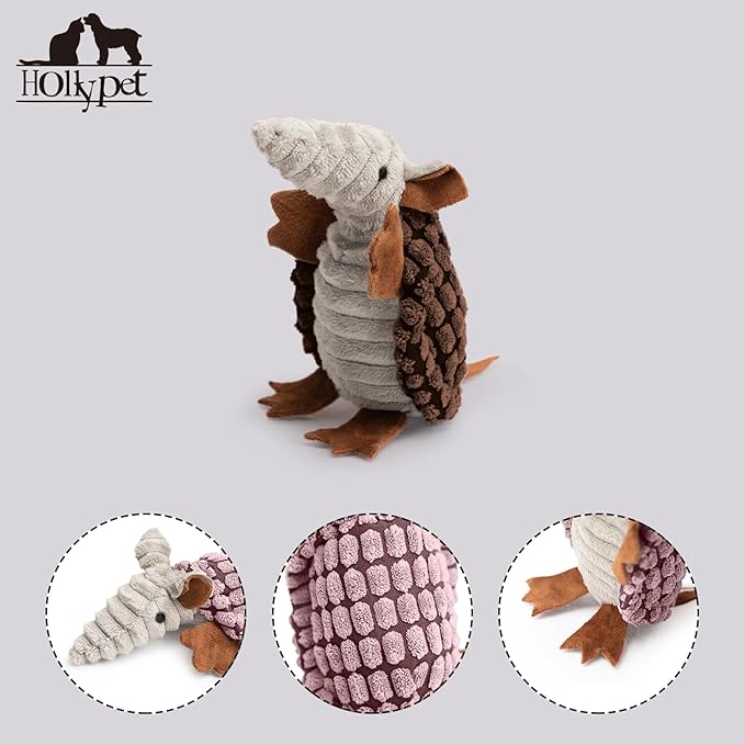 Hollypet Plush Dog Squeaky Toy Stuffed Armadillo Animal Pet Puppy Chew Toys with Clean Teeth for Small Medium Large All Breed Sizes Dogs, Brown, 6 in