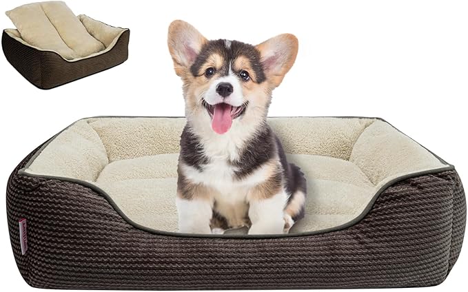 Miguel Dog Bed with Removable Cushion/Pillow for Small Dogs, Washable Pet Bed with Side Easy to Wash Puppy Bed, Rectangle Cat Beds for Indoor Cats with Anti-Slip Bottom, Khaki 20 Inch