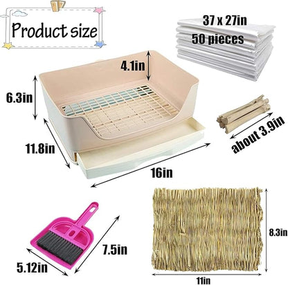 kathson Large Rabbit Litter Box with Drawer, Potty Trainer Corner Toilet Bigger Pet Pan Bunny Litter Box Tray with Grass Mat for Adult Guinea Pigs, Chinchilla, Hamster Ferret (Brown)