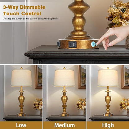28" Farmhouse Table Lamps Set of 2 with USB C+A Ports & AC Outlet for Vintage Living Room Retro Bedroom,3-Way Dimmable Touch Lamp Resin Bedside Lamps for Nightstand Side End Table, Brass