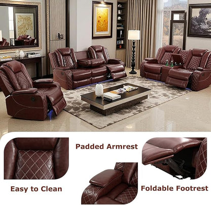 Toseslo Living Room Furniture Sets with LED Light, Power Recliner Sofa Set, Brown Leather Sectional Sofa and Loveseat Set, Modern Power Reclining Sets with Storage Console/Cup Holder for Living Room