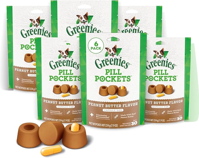 Greenies Pill Pockets for Dogs Large Size, Soft Dog Treats, Real Peanut Butter Flavor, (6) 7.9 oz. Pouches (180 Treats Total)