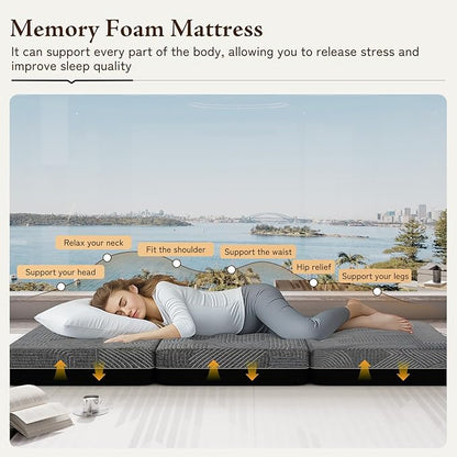 Tri Folding Mattress King Size - Memory Foam Tri-fold Mattress, Handle & Non-Slip Bottom, Portable Foldable Sofa Bed Floor Chair for Travel RV Camping Guest Yoga - 6 Inch, 80"x76"x6"