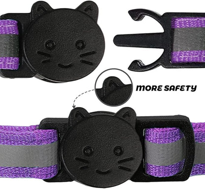 BANMODER 2 Pack Reflective Cat Collar Breakaway with Bell,Personalized Kitten Collars,Adjustable Safety Buckle Collar for Male Cats Girls & Boys (Purple)