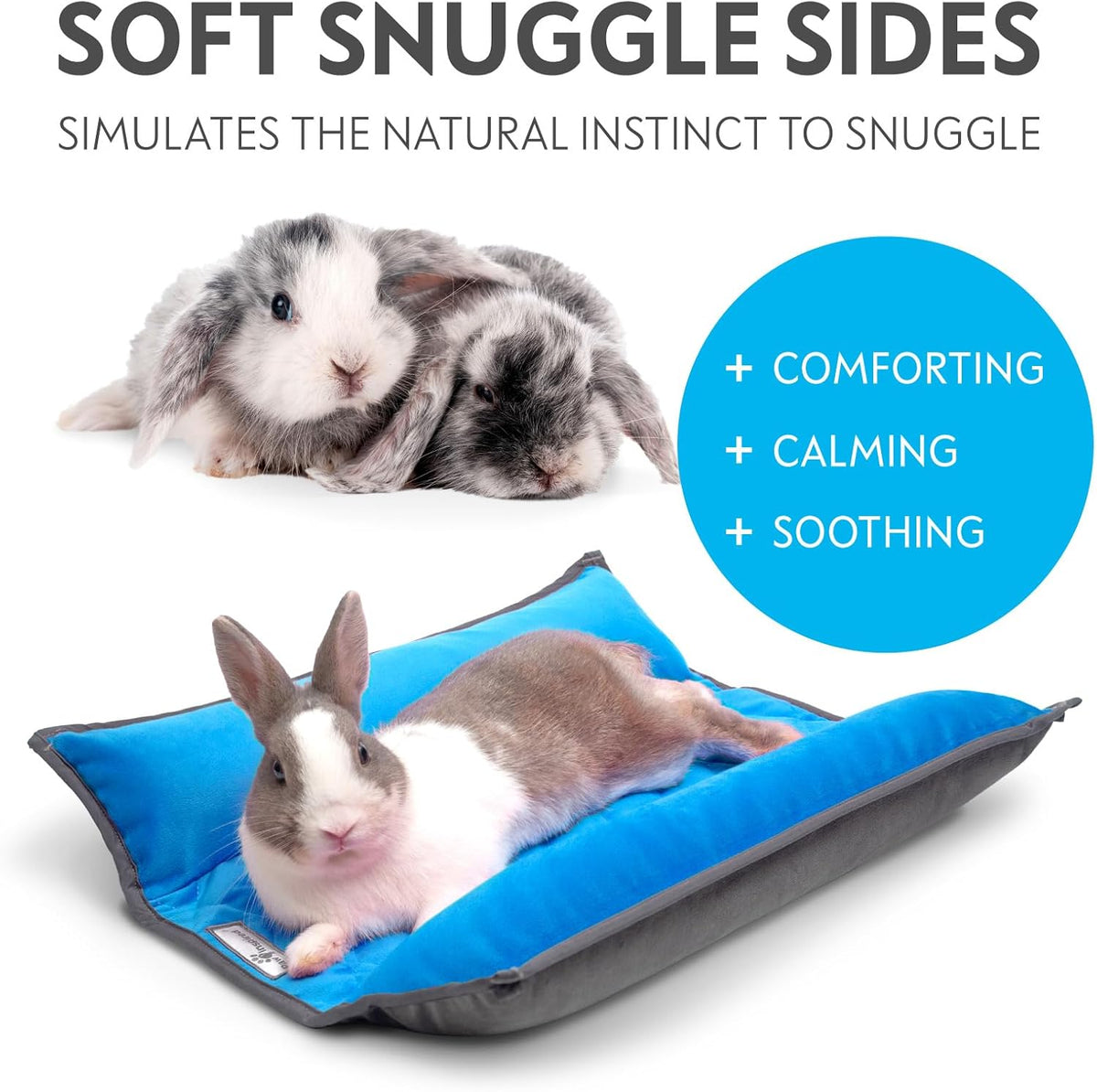 Paw Inspired Snuggle Bunny Bolster Bed for Rabbits, Cats, Dogs and Other Small Pets, Reversible Fleece Flop Bedding with Padded Sides (Gray/Blue)