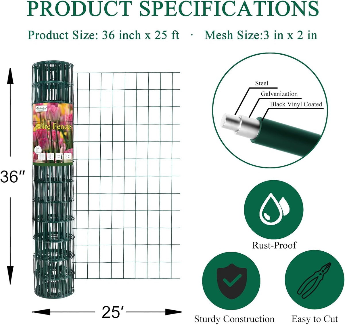 Green PVC Coated Welded Wire Fence 36 Inch x 25 Foot, 2 Inch x 3 Inch 16GA, Garden Border Fencing Roll Vinyl Coating Metal Wire Mesh for Yard Vegetable Plant Protection Poultry Netting