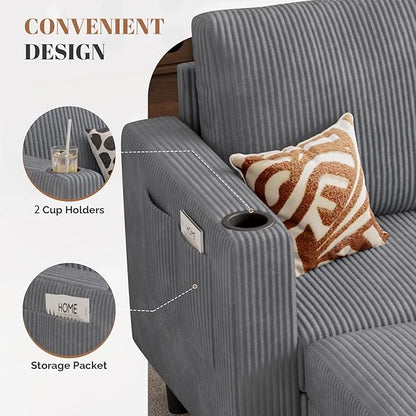 Upholstered Sectional Sofa and Couches, 78'' L Shaped 3-seat Sofa for Living Room, Apartment, Lounge,Bedroom-Washable Covers Convertible Sofas(Corduroy,Light Gary)
