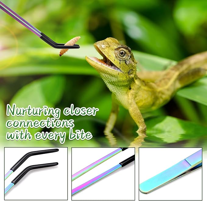 2PCS Stainless Steel Reptile Feeding Tongs with Rubber Tip, 10.6" Straight & Curved Long Tweezers, Perfect for Aquariums & Crafts - Ideal Bearded Dragon & Snake Tank Accessories, Terrarium Supplies