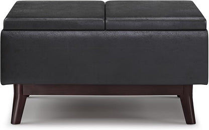 SIMPLIHOME Owen Tray Top Small Coffee Table Storage Ottoman - 34 inch Wide Upholstered Vegan Leather Rectangular Flip-Top Ottoman in Distressed Black, Mid-Century Ottoman for Living Room