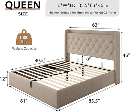 iPormis Queen Size Lift Up Storage Bed Frame with Charging Station, Upholstered Platform Bed Frame with Tufted Headboard, Hydraulic Storage, No Box Spring Needed, Noise-Free, Easy Assembly, Beige