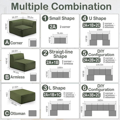 76" Sectional Compressed Sofa Modular Couches Loveseat 2 Deep Seat,High-Density Foam No Assembly Required,2-Piece(2xCorner) for Living Room Fabric Chenille Green